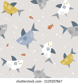 Shark attack small fish vector seamless pattern. Under the sea life background. Scandinavian decorative childish surface design for nautical nursery and navy kids fabric.