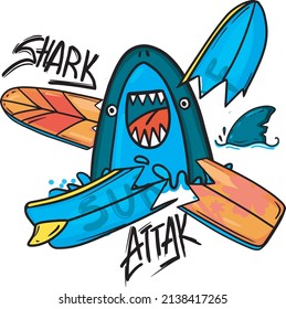 Shark Attack. Typography graphic print with Shark, Abstract drawing for t-shirts. creative design for boys. 