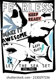 Shark attack vector print.Deep sea.Fun t-shirt design for kids.Vector illustration design for fashion fabrics, textile graphics, print.
