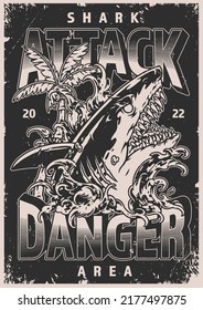 Shark attack vintage monochrome flyer danger area near long beach where predatory fish with fangs assault on people vector illustration