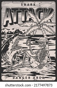 Atentado de tiburón vintage monocromo zona de peligro de afiches para turistas de vacaciones en la isla advertencia de peces depredadores en la ilustración de vectores marítimos