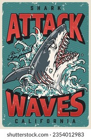 Shark attack vintage poster colorful warning danger marine predator emerges from sea waves near California long beach vector illustration