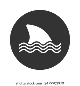 Shark attack warning icon sign with shark dorsal fin swimming in water flat vector color icon for apps and print