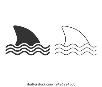 Shark attack warning line icon set sign with shark dorsal fin swimming in water flat vector color icon for apps and print