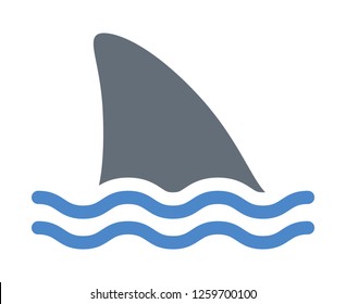 Shark attack warning sign with shark dorsal fin swimming in water flat vector color icon for apps and print