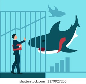 Shark Attacking A Businessman In A Cage. Protection Of Small Business. 