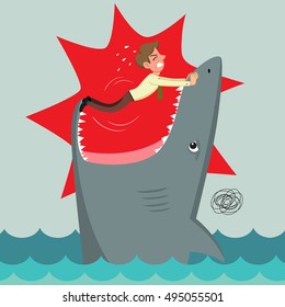 Shark attacking businessman, vector illustration cartoon