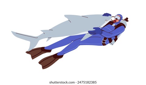 Shark attacking scuba diver in sea. Underwater danger, risk while diving, swimming. Emergency with water predator, big fish undersea. Flat graphic vector illustration isolated on white background