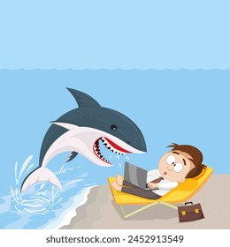 Shark Attacks Business Man On Beach. Flat, Vector, Illustration, Cartoon, EPS10.