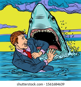 The shark attacks the businessman. Man afraid. Pop art retro vector illustration drawing