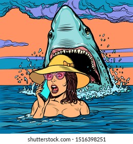 A shark attacks a woman at sea. The girl asks for help on the phone. Pop art retro vector illustration drawing