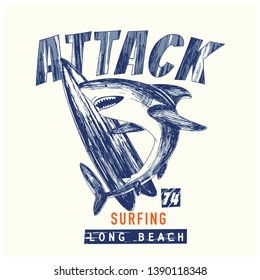 Shark attack.Summer t-shirt design.Shark and surfboard drawing.