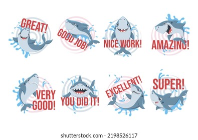 Shark awards stickers with motivational inscriptions set vector illustration. Cute childish ocean underwater mascot with jaws great good job nice work amazing super excellent motto phrase emblems