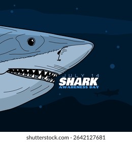 Shark Awareness Day to celebrate on July 14th. Illustration of a shark's head with sharp teeth in the depths of the sea. Animal event banner.