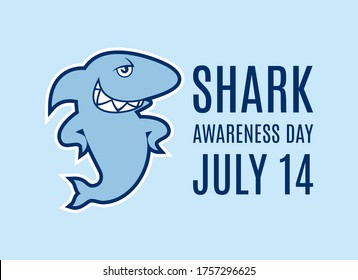 Shark Awareness Day vector. Cool shark icon vector. Funny fish cartoon character. Shark icon isolated on a blue background. Cool sea predator icon. Shark Awareness Day Poster, July 14. Important day