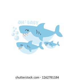 Shark And Baby Shark. Animal Family Cartoon.