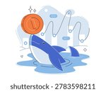 Shark balances a large coin on its nose vector illustration. Crypto whale, financial stability, market trading, investment strategy, profit growth, stock analysis. Sea predator juggling currency