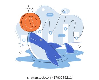 Shark balances a large coin on its nose vector illustration. Crypto whale, financial stability, market trading, investment strategy, profit growth, stock analysis. Sea predator juggling currency