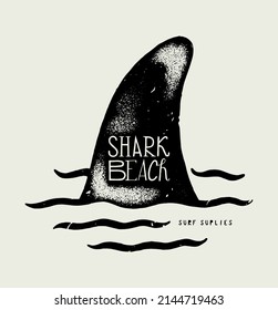 Shark beach. Shark fin vintage typography distressed silkscreen surfing t-shirt print vector illustration.