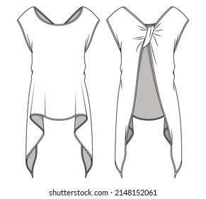 shark bite hem back open top, asymmetric hem back bow top  Front and Back View. Fashion Illustration, Vector, CAD, Technical Drawing, Flat Drawing.