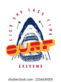 Shark bite surfing silkscreen t-shirt print vector illustration with huge shark head biting.