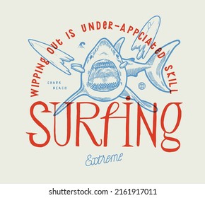 Shark biting surfboard. Shark beach surfing vintage typography silkscreen t-shirt print vector illustration.