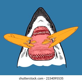 Shark biting surfboard. Shark head appearing from the ocean and crushing the surfboard into parts isolated surfing illustration.