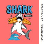 A shark biting the surfboard. Vector illustration for t-shirt prints, posters and other uses.