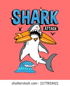 A shark biting the surfboard. Vector illustration for t-shirt prints, posters and other uses.