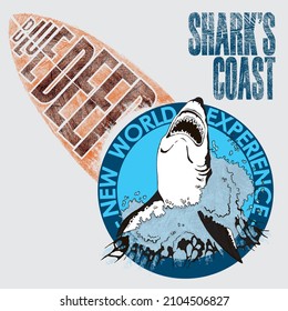 Shark biting in the water mascotte of a surf team with a half a surfboard in the background with the text blue deep written on it.