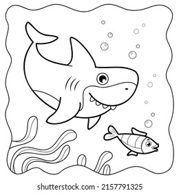 Shark black and white. Coloring book or Coloring page for kids. Marine background vector illustration