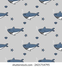 Shark blue cartoon so cute. On starfish shell grey background. Pattern seamless vector illustration. 