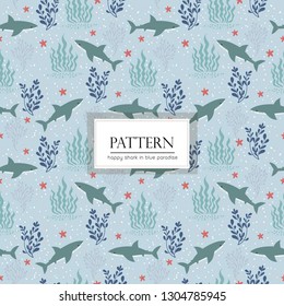 shark and blue seaweed seamless pattern/background