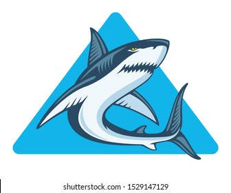 Shark in blue triangle, vector illustration. Mascot.