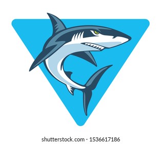 Shark in blue triangle, vector illustration. Mascot.