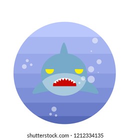 Shark in blue water with bubbles. Sea predator with fangs. Danger of swimming.
