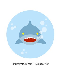 Shark in blue water. Sharp-toothed predator of the sea with bubbles. The face of the fish with jaws. Dangerous situation in the ocean. Cartoon flat illustration