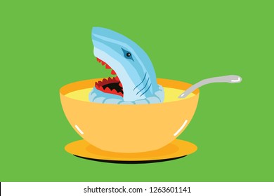 A Shark In A Bowl Of Soup For The Concept: Shark Fin Soup. Vector Illustration.