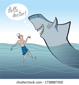 Shark with braces and dentist doctor. Meeting at sea. A humorous illustration.