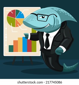 shark business. Creative concept of the shark in the form of a businessman in a white shirt, black suit, tie and glasses indicates a stand with graphs and charts. Vector