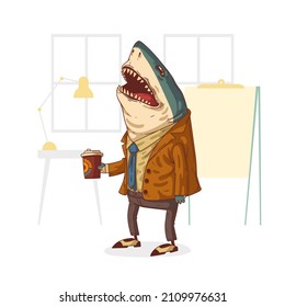 Shark of the business, vector illustration. Office employee anthropomorphic shark, standing in the middle of the office holding a cup of coffee. Coffee break. Animal character with human body. Furry