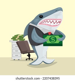 Shark Businessman With Creepy Smile Holding Banknotes Dollars, Illustrator Vector Cartoon Drawing Image Painting