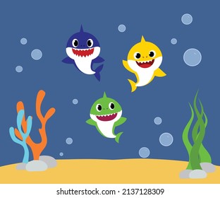 Shark cards. Birthday invite, happy child party in ocean style. Cartoon sharks characters.