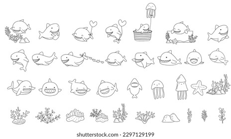 Shark cartoon animals corals and plants bundle coloring ,animal, big collection of decorative for kids,baby characters, card,hand drawn,doodle, cartoon style.vector illustration