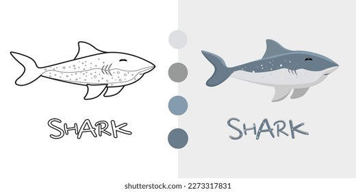 Shark Cartoon Character. Coloring book. Boring. Isolated.