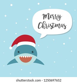 Shark cartoon character. A Cute shark wearing Santa Claus hat standing on marine blue background.Flat design Vector illustration for Merry Christmas and Happy New Year invitation card. 