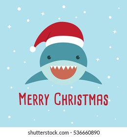 Shark cartoon character. A Cute shark wearing Santa Claus hat for Merry Christmas and Happy New Year invitation card. 