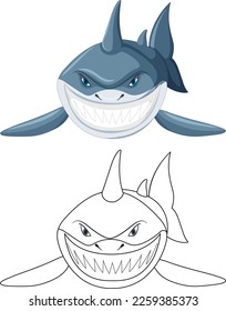 Shark cartoon character with its doodle outline illustration
