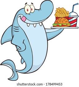 Shark Cartoon Character Holding A Plate Of Hamburger And French Fries. Vector Illustration Isolated on white