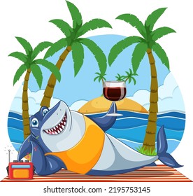 Shark cartoon character relaxing on the beach illustration